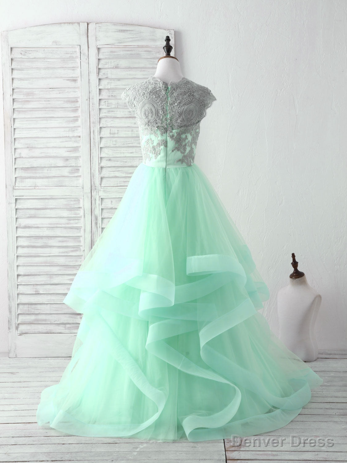 Green Tulle Lace Applique Long Prom Dress Blue Tulle Sweet 16 Dress Secondary image
