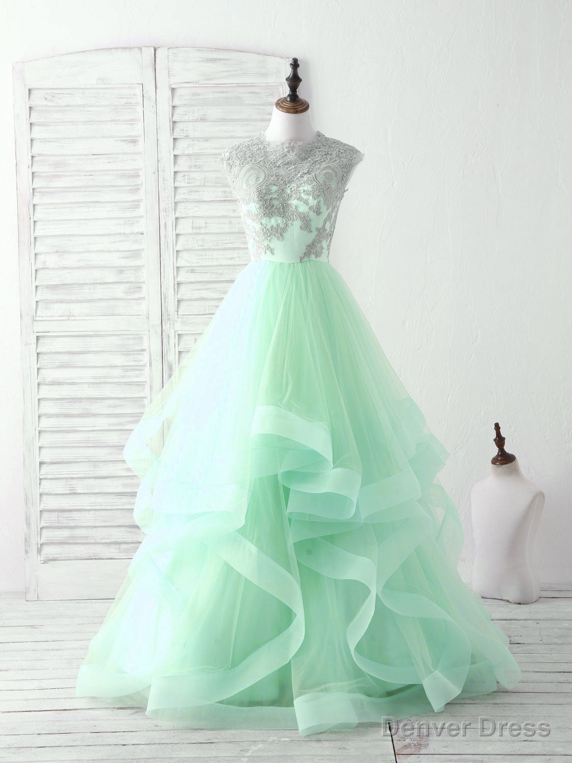 Green Tulle Lace Applique Long Prom Dress Blue Tulle Sweet 16 Dress Main image