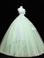 Green Tulle Lace Applique Long Prom Dresses, Green Sweet 16 Dresses
