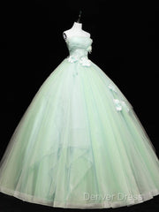 Green Tulle Lace Applique Long Prom Dresses, Green Sweet 16 Dresses