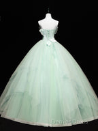 Green Tulle Lace Applique Long Prom Dresses, Green Sweet 16 Dresses