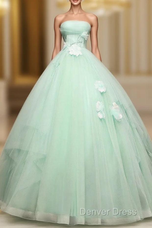Green Tulle Lace Applique Long Prom Dresses, Green Sweet 16 Dresses