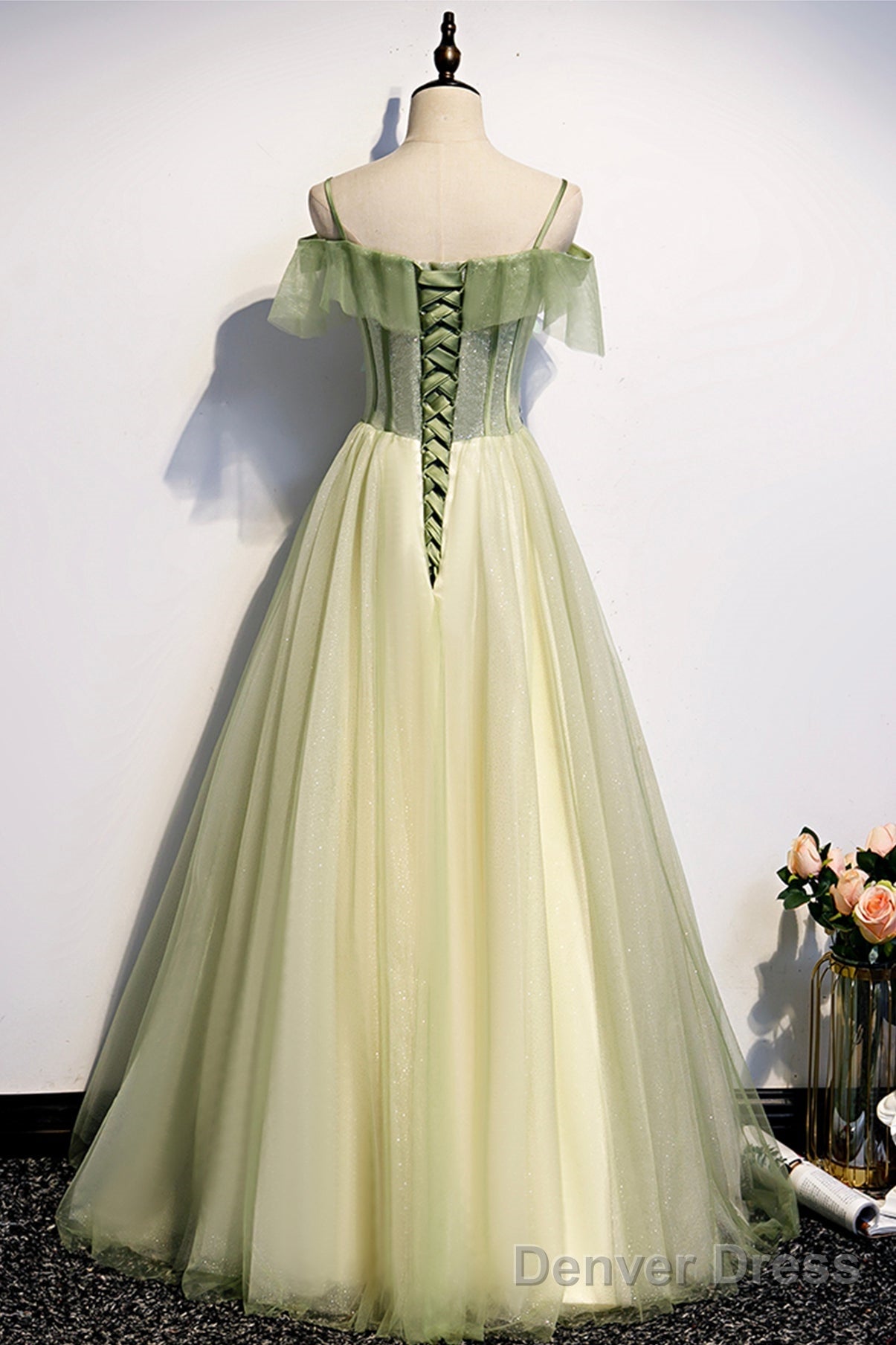 Green Tulle Lace Long A Line Prom Dress Evening Dress Secondary image