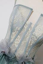 Green Tulle Lace Long A Line Prom Dress, Spaghetti Strap Prom Dresses