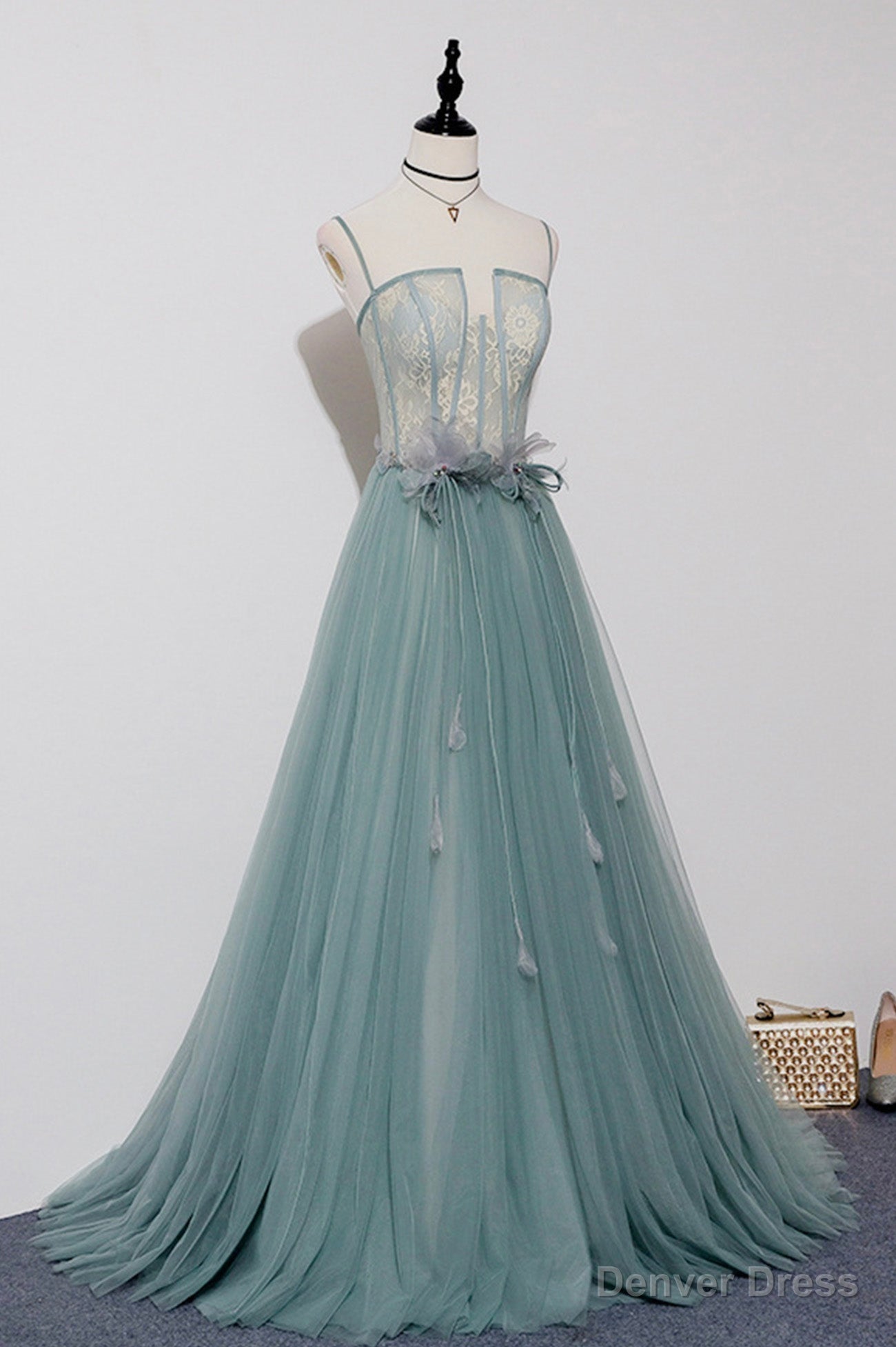 Green Tulle Lace Long A-Line Prom Dress, Spaghetti Strap Evening Dress Main image