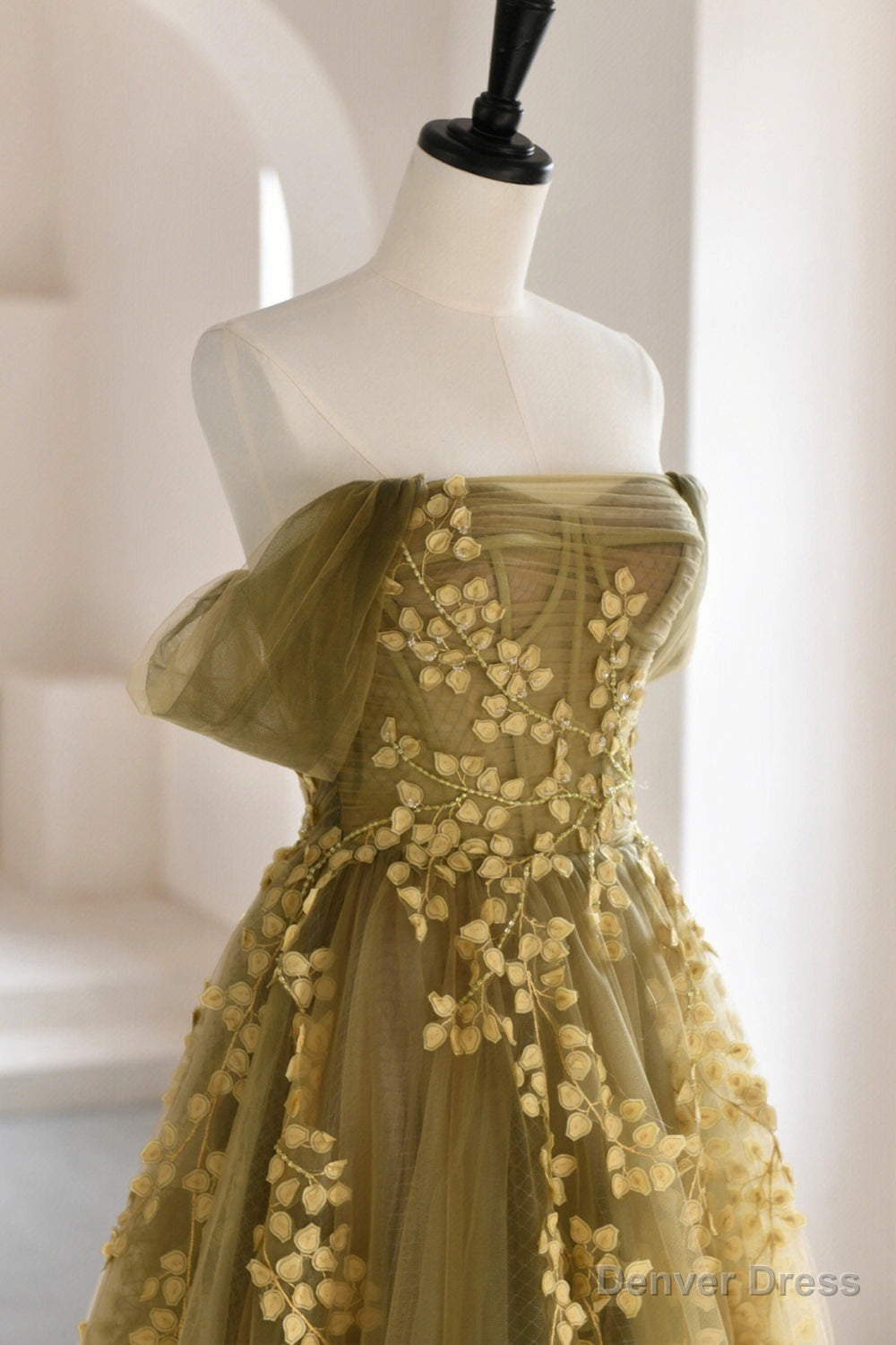 Green Tulle Lace Long Prom Dress, A Line Off the Shoulder Prom Dresses