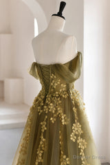 Green Tulle Lace Long Prom Dress, A-Line Off the Shoulder Evening Dress