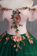 Green Tulle Lace Long Prom Dress, Cute Off Shoulder Prom Dress