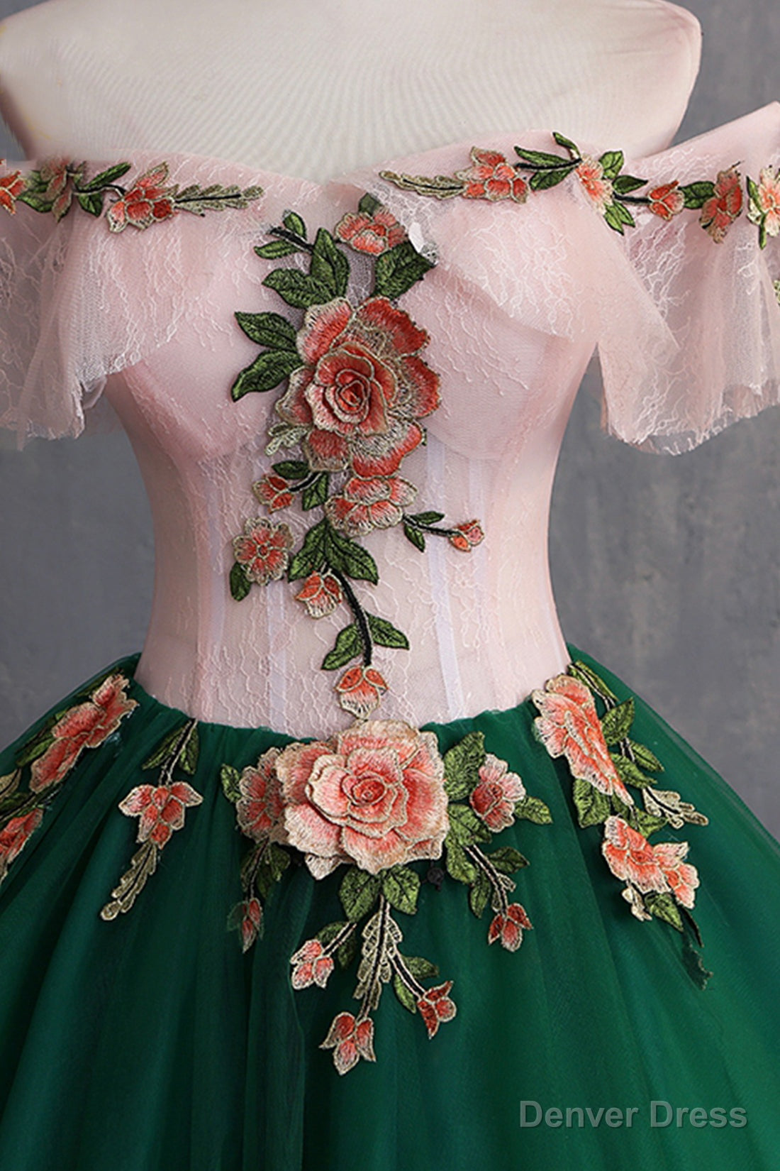 Green Tulle Lace Long Prom Dress, Cute Off Shoulder Prom Dress