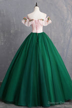 Green Tulle Lace Long Prom Dress, Cute Off Shoulder Evening Dress Party Dress