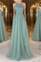 Green tulle lace long prom Dresses green lace evening Dresses