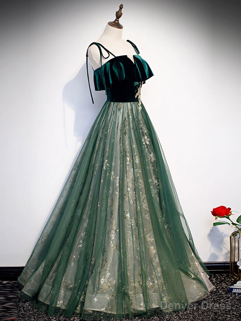 Green Tulle Lace Long Prom Dress, Green Tulle Formal Dress Main image