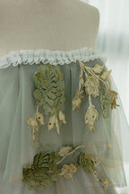 Green Tulle Lace Long Prom Dress, Off Shoulder Prom Dresses