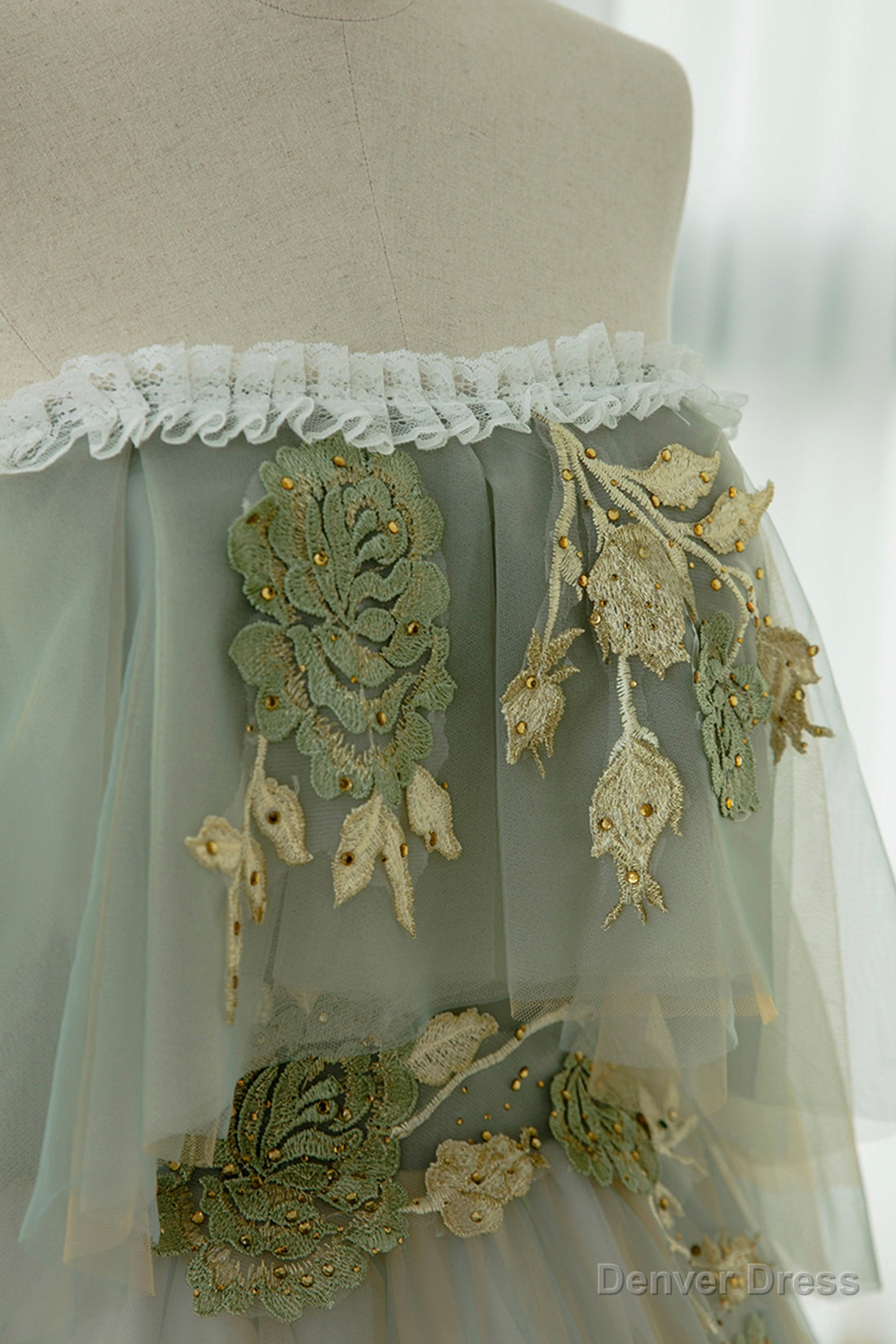 Green Tulle Lace Long Prom Dress, Off Shoulder Prom Dresses
