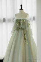 Green Tulle Lace Long Prom Dress, Off Shoulder Prom Dresses