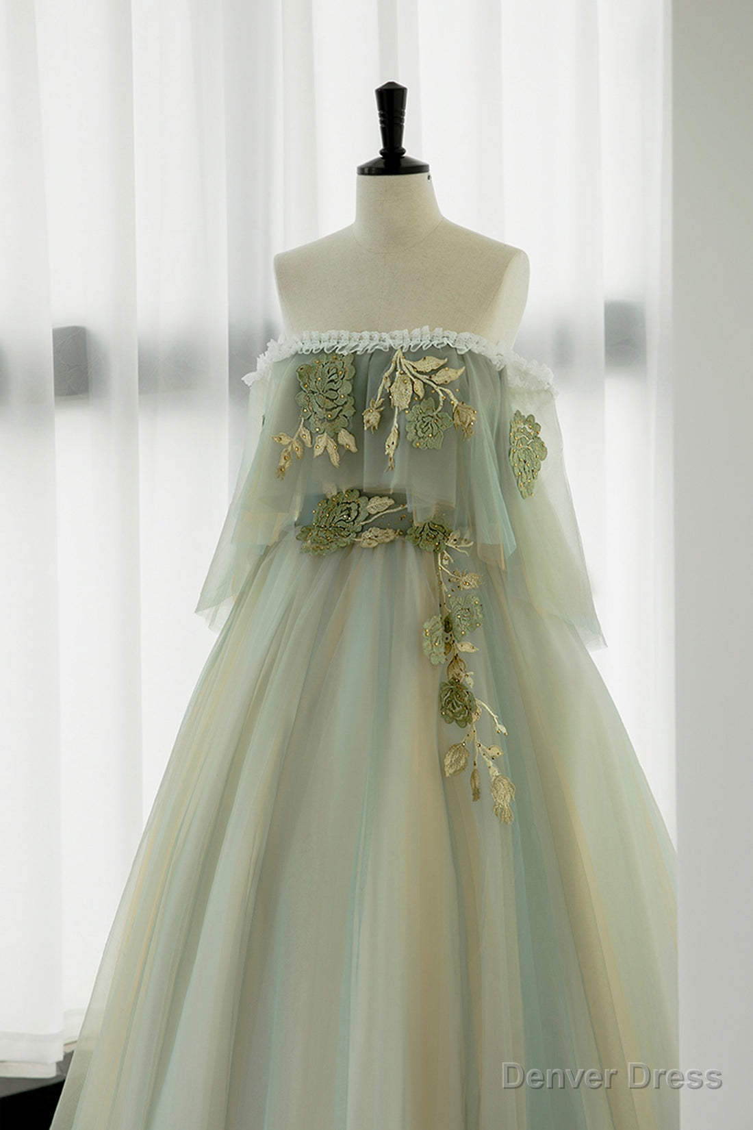 Green Tulle Lace Long Prom Dress, Off Shoulder Prom Dresses