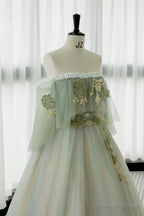 Green Tulle Lace Long Prom Dress, Off Shoulder Prom Dresses