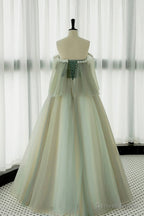 Green Tulle Lace Long Prom Dress, Off Shoulder Prom Dresses