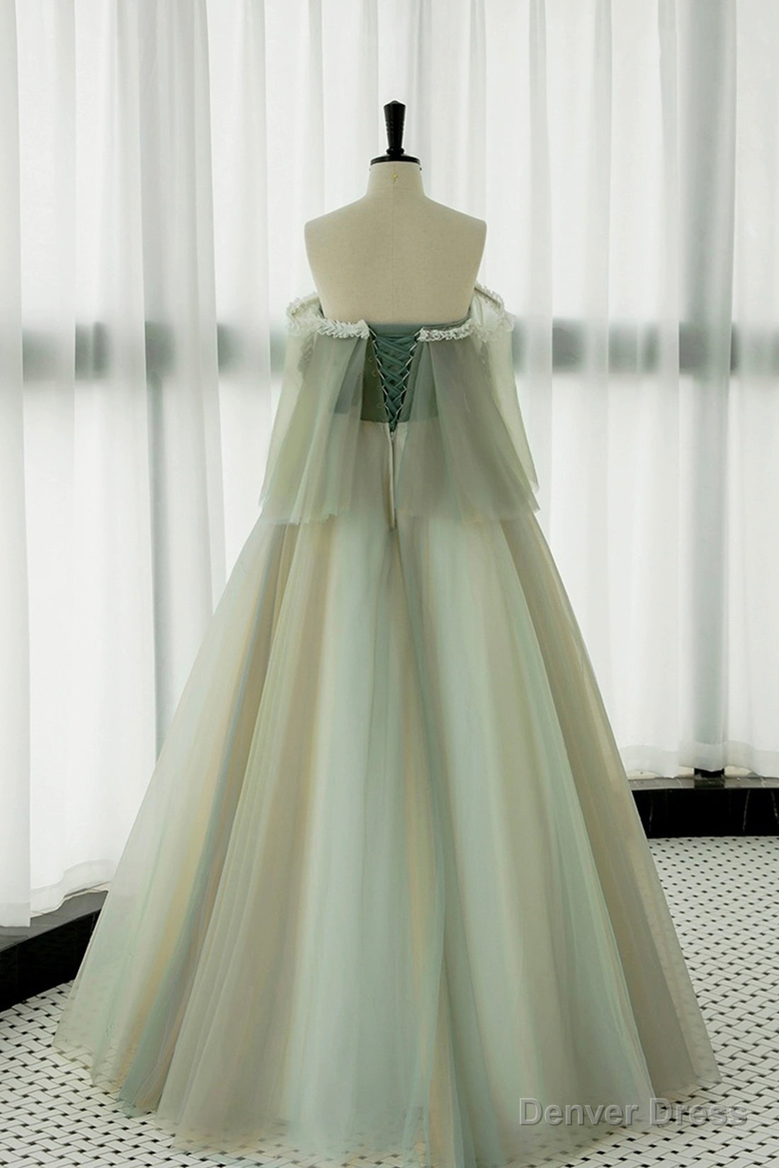 Green Tulle Lace Long Prom Dress, Off Shoulder Prom Dresses