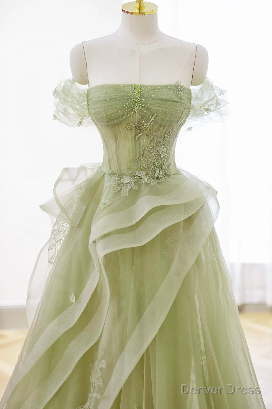 Green Tulle Lace Long Prom Dress with Corset, Green Prom Dresses