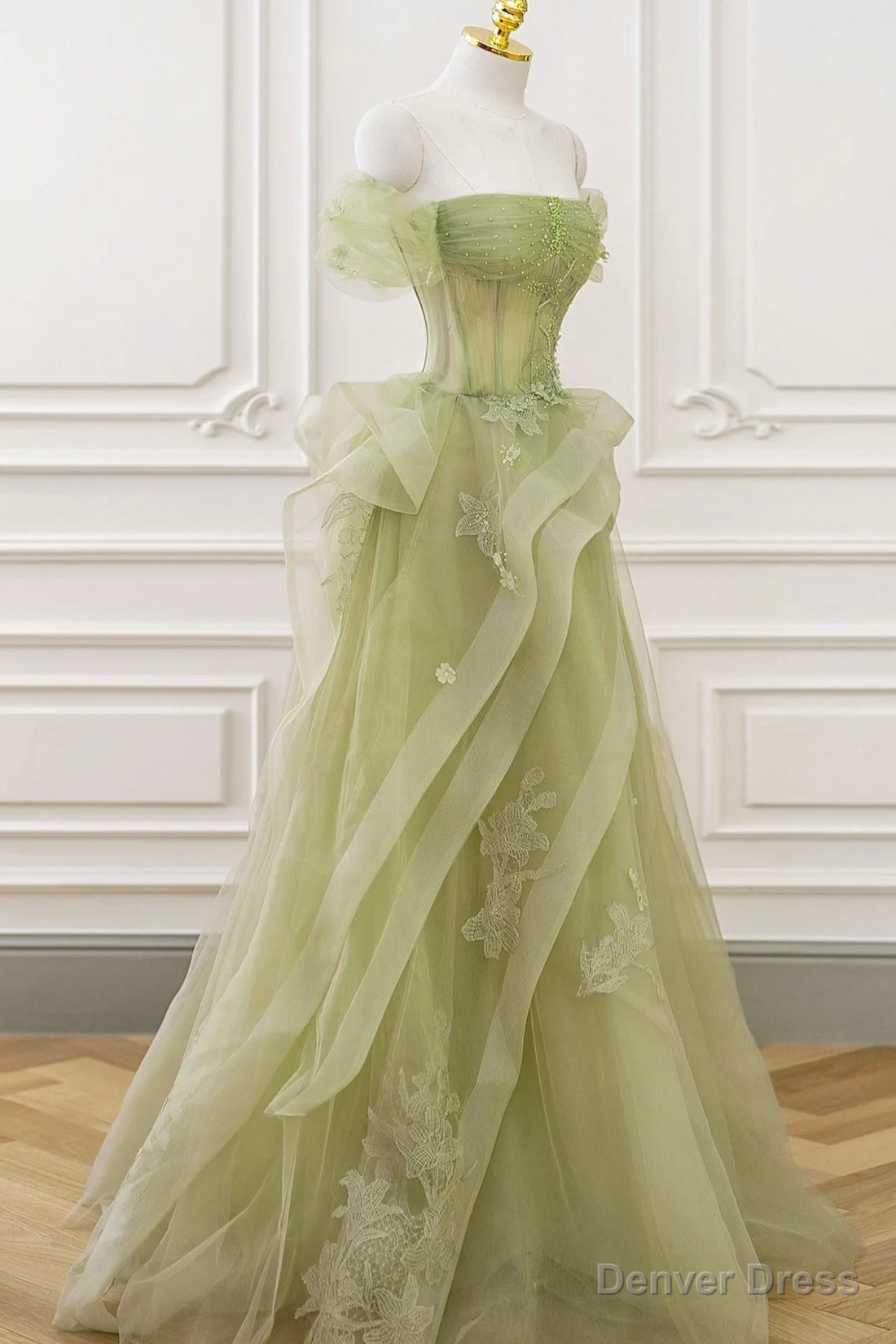 Green Tulle Lace Long Prom Dress with Corset, Green Prom Dresses