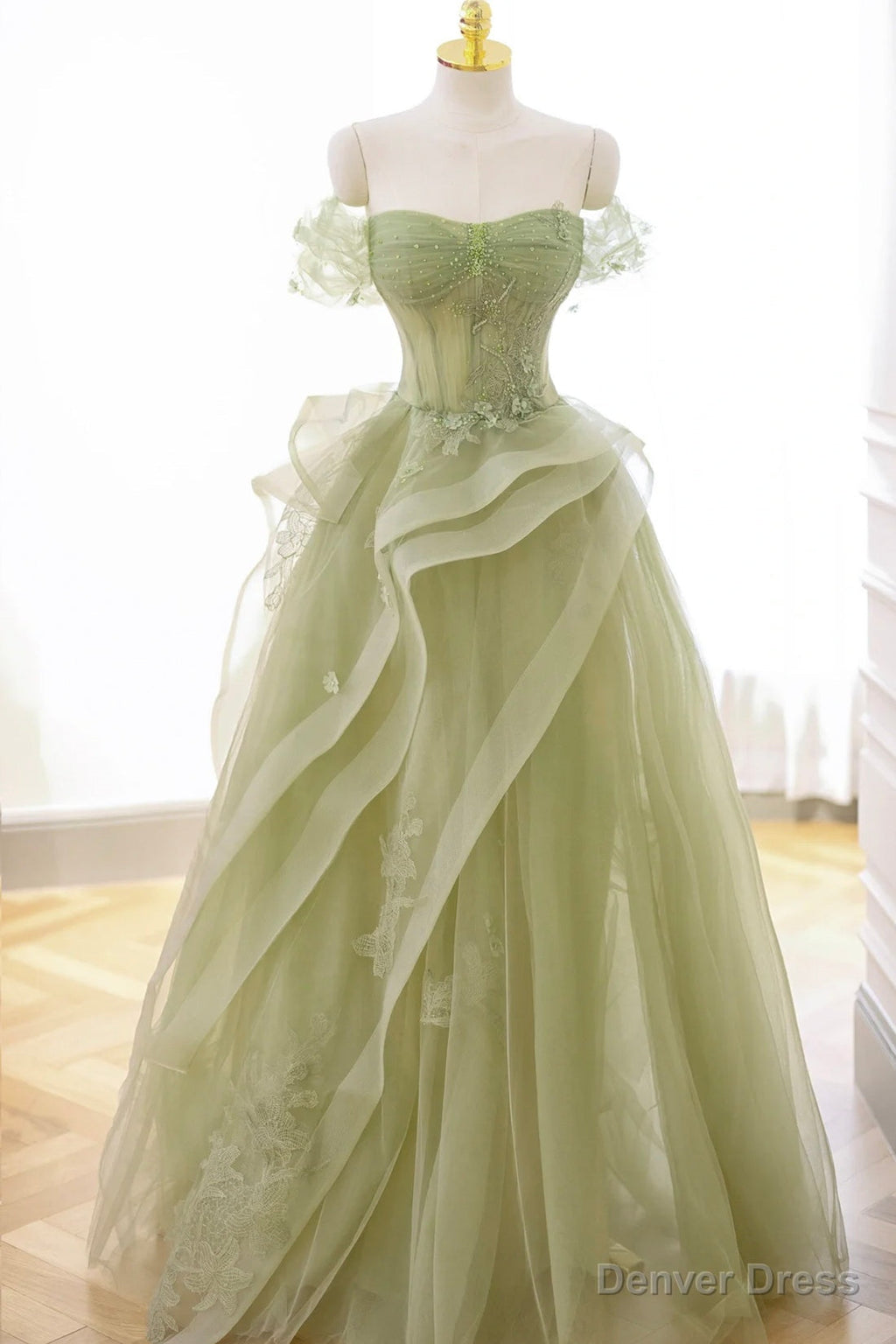 Green Tulle Lace Long Prom Dress with Corset, Green Prom Dresses