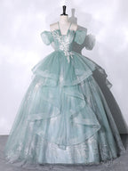 Green Tulle Lace Long Prom Dress, Green Lace Long Sweet 16 Dresses