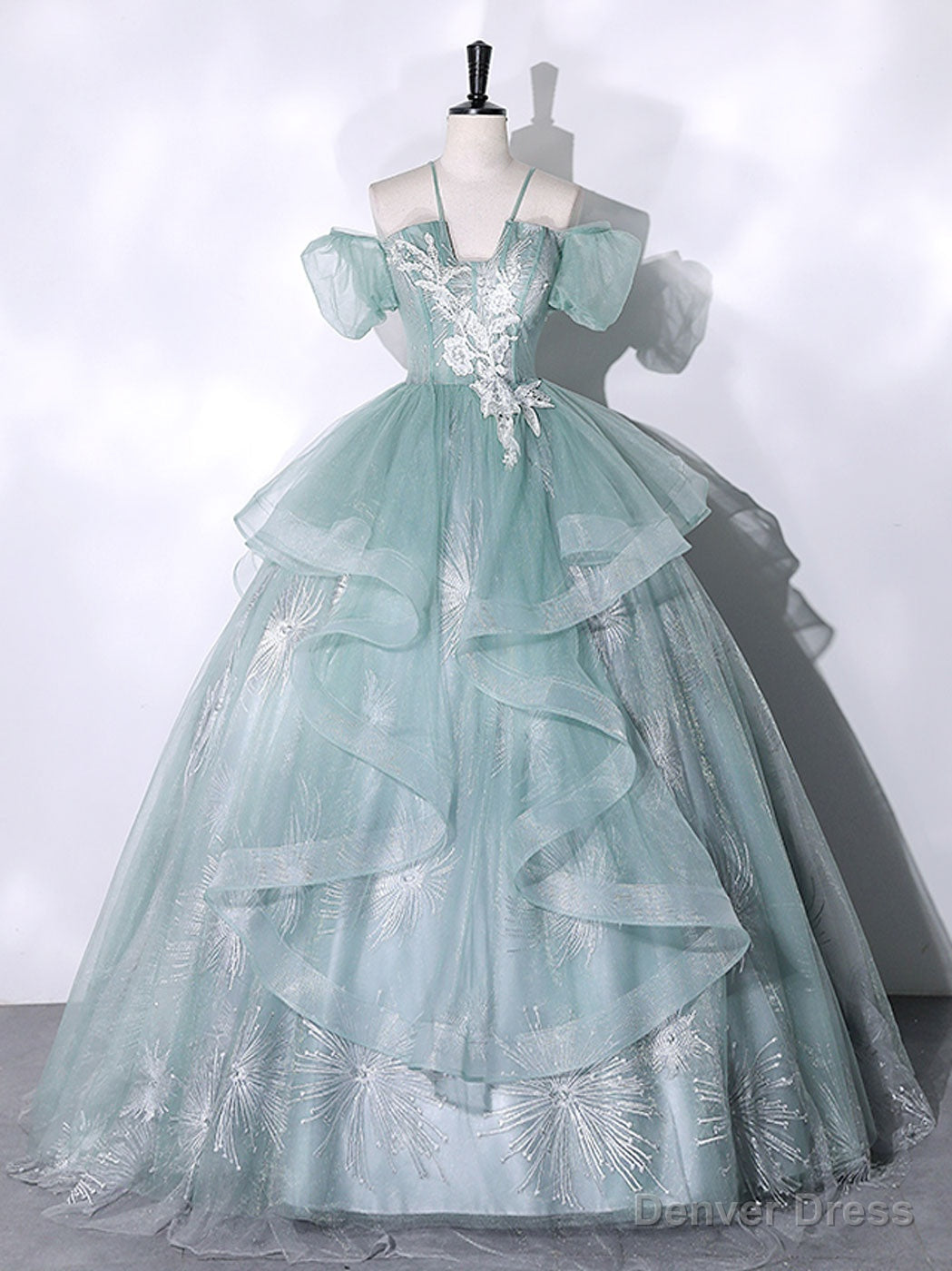 Green Tulle Lace Long Prom Dress, Green Lace Long Sweet 16 Dresses