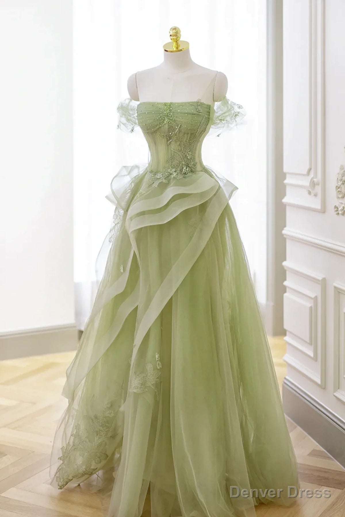 Green Tulle Lace Long Prom Dress, Green Tulle Lace Prom Dresses
