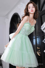 Green Tulle Lace Short Prom Dress, A-Line Evening Party Dress