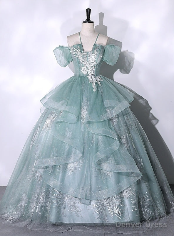 Green Tulle Lace Spaghetti Straps Quinceanera Dresses