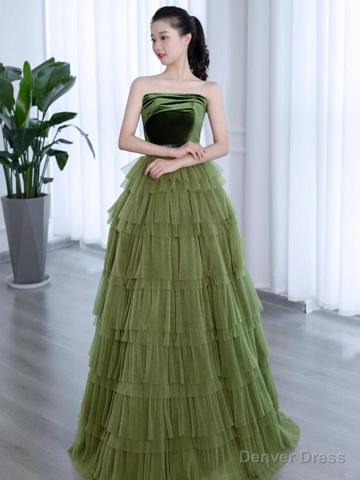 Green Tulle Layers Strapless A Line Long Prom Dress, Green Tulle Prom Dress