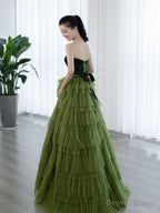 Green Tulle Layers Strapless A Line Long Prom Dress, Green Tulle Prom Dress