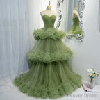 Green Tulle Layers Straps Sweetheart Long Prom Dress Prom Dress, Green Prom Dresses