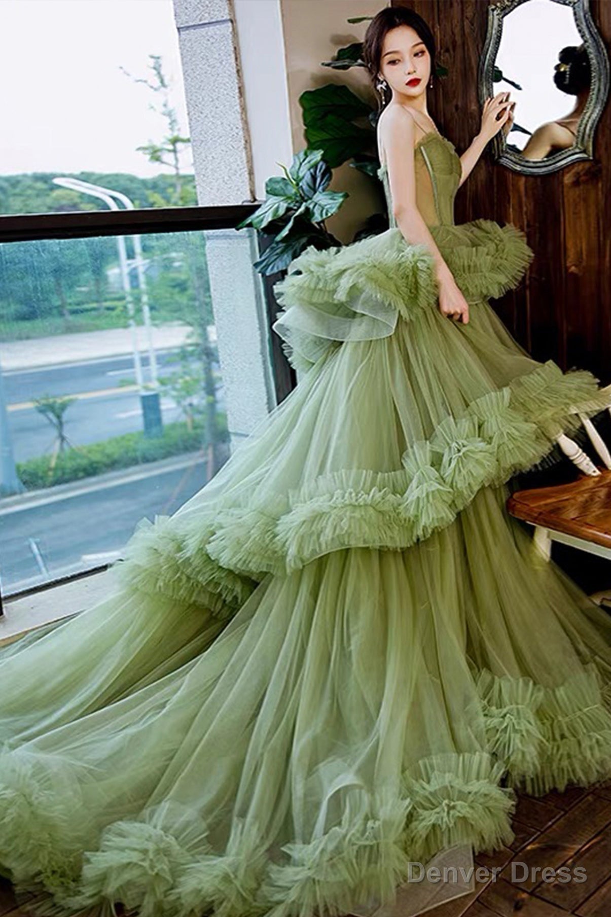 Green Tulle Layers Straps Sweetheart Long Prom Dress Prom Dress, Green Prom Dresses Main image