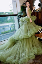 Green Tulle Layers Straps Sweetheart Long Prom Dress Prom Dress, Green Prom Dresses