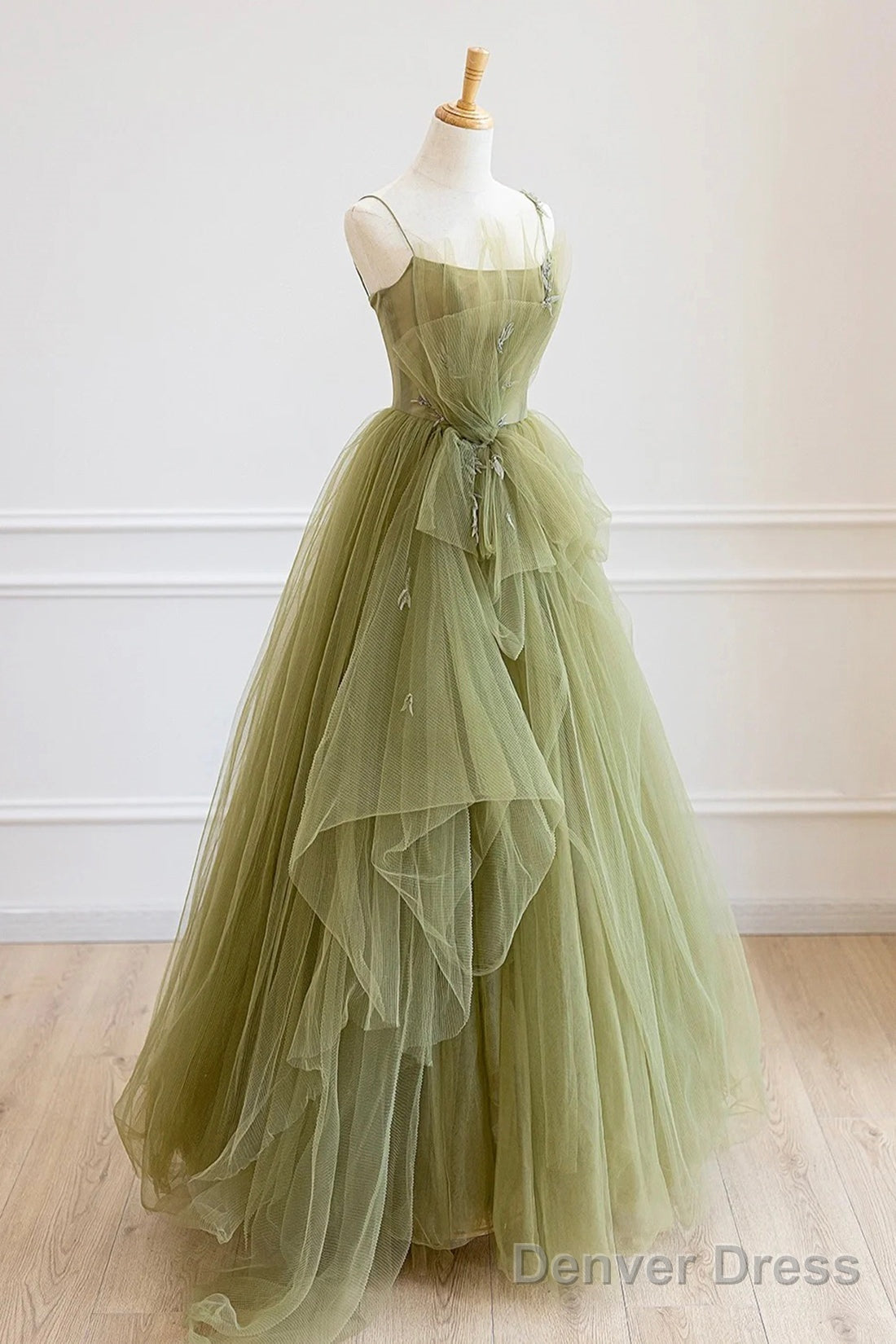 Green Tulle Long A-Line Prom Dress, Beautiful Spaghetti Strap Evening Dress