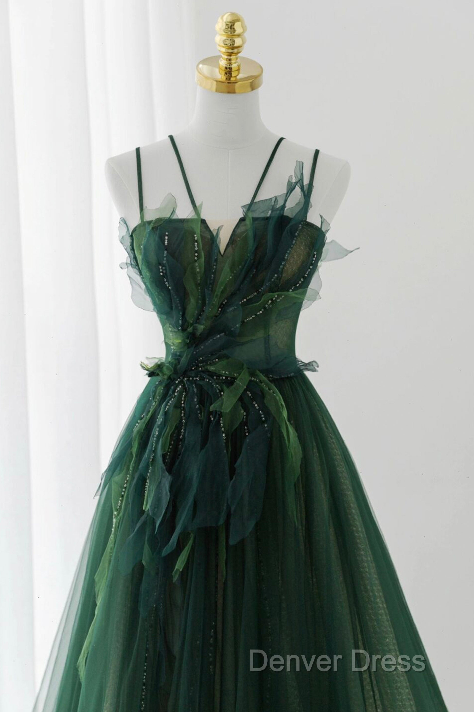 Green Tulle Long A-Line Prom Dresses, Beautiful Spaghetti Straps Evening Dresses Secondary image