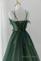Green Tulle Long A-Line Prom Dresses, Beautiful Spaghetti Straps Evening Dresses