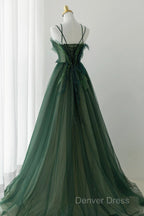 Green Tulle Long A-Line Prom Dresses, Beautiful Spaghetti Straps Evening Dresses