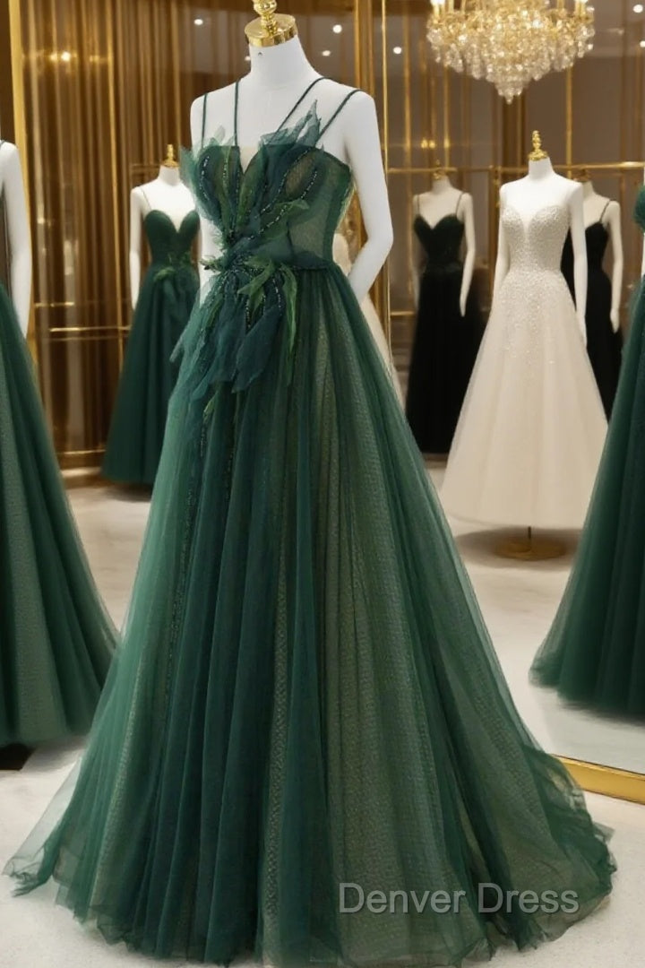 Green Tulle Long A-Line Prom Dresses, Beautiful Spaghetti Straps Evening Dresses Main image