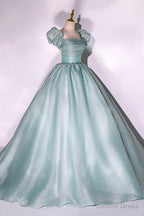Green Tulle Long A Line Prom Dress, Cute Short Sleeve Prom Dresses