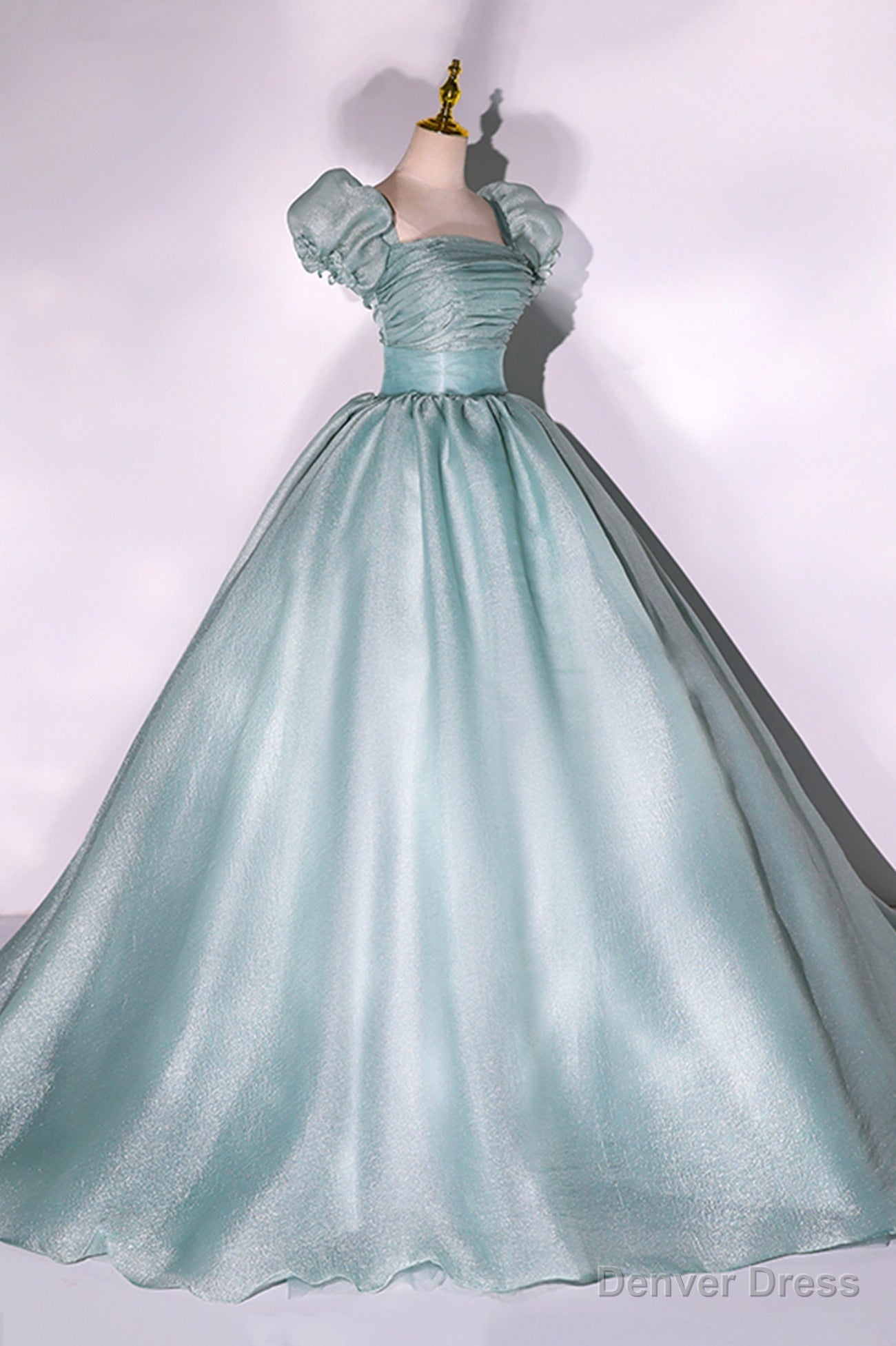 Green Tulle Long A Line Prom Dress, Cute Short Sleeve Prom Dresses