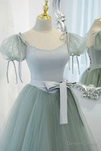 Green Tulle Long A Line Prom Dress, Cute Short Sleeve Graduation Dresses