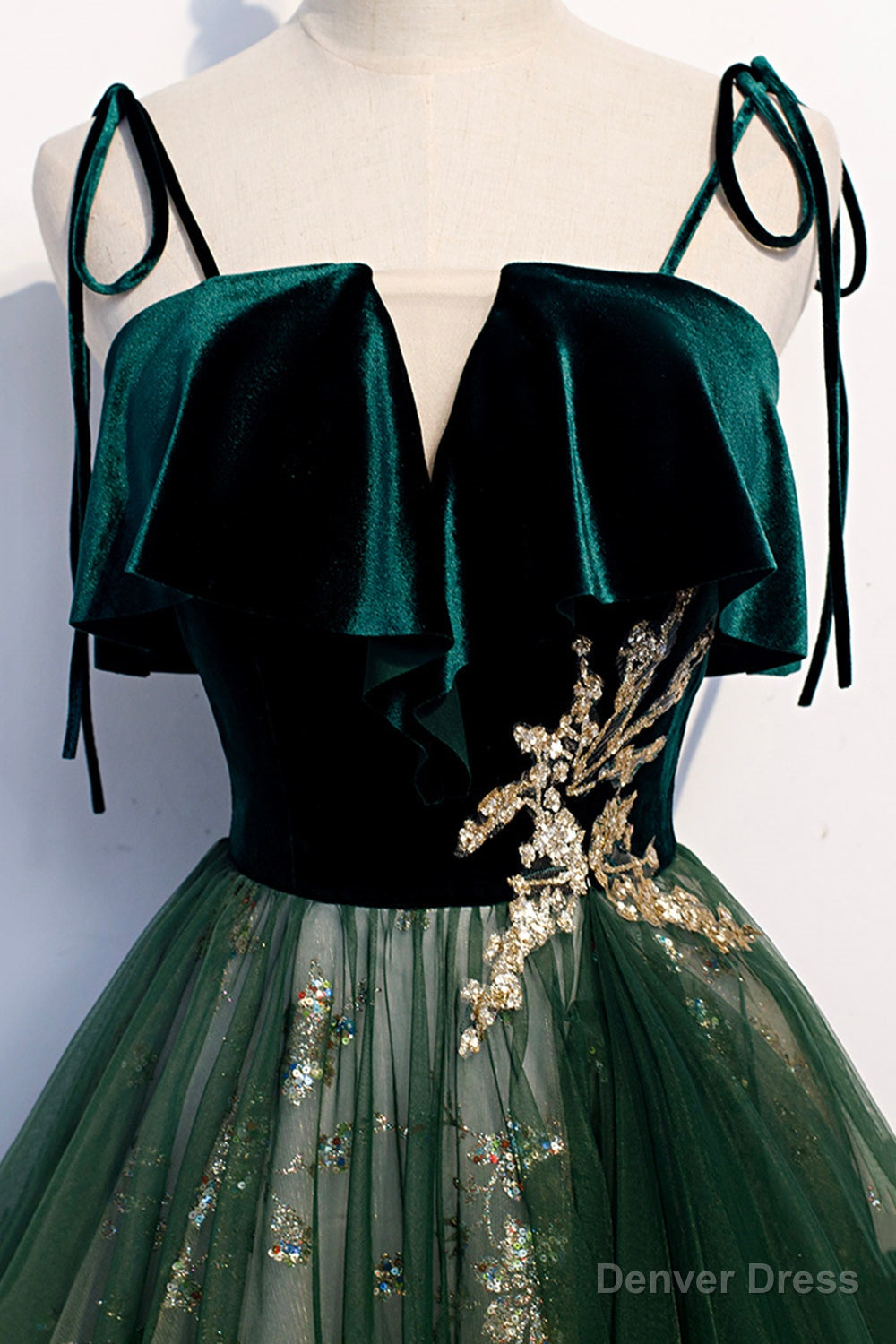 Green Tulle Long A Line Prom Dress, Green Spaghetti Straps Graduation Dresses