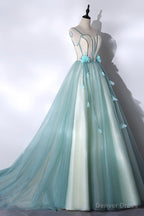 Green Tulle Long A Line Prom Dress, Green Spaghetti Straps Graduation Dresses