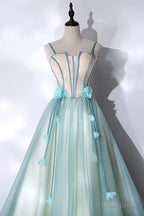 Green Tulle Long A Line Prom Dress, Green Spaghetti Straps Graduation Dresses