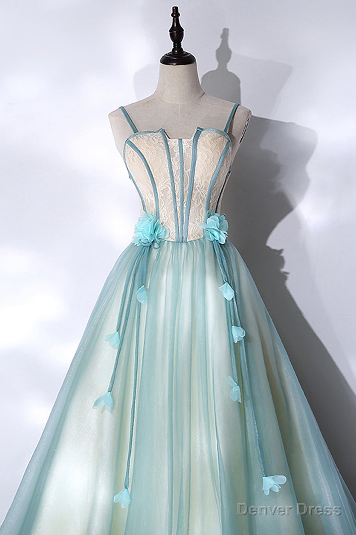 Green Tulle Long A Line Prom Dress, Green Spaghetti Straps Graduation Dresses