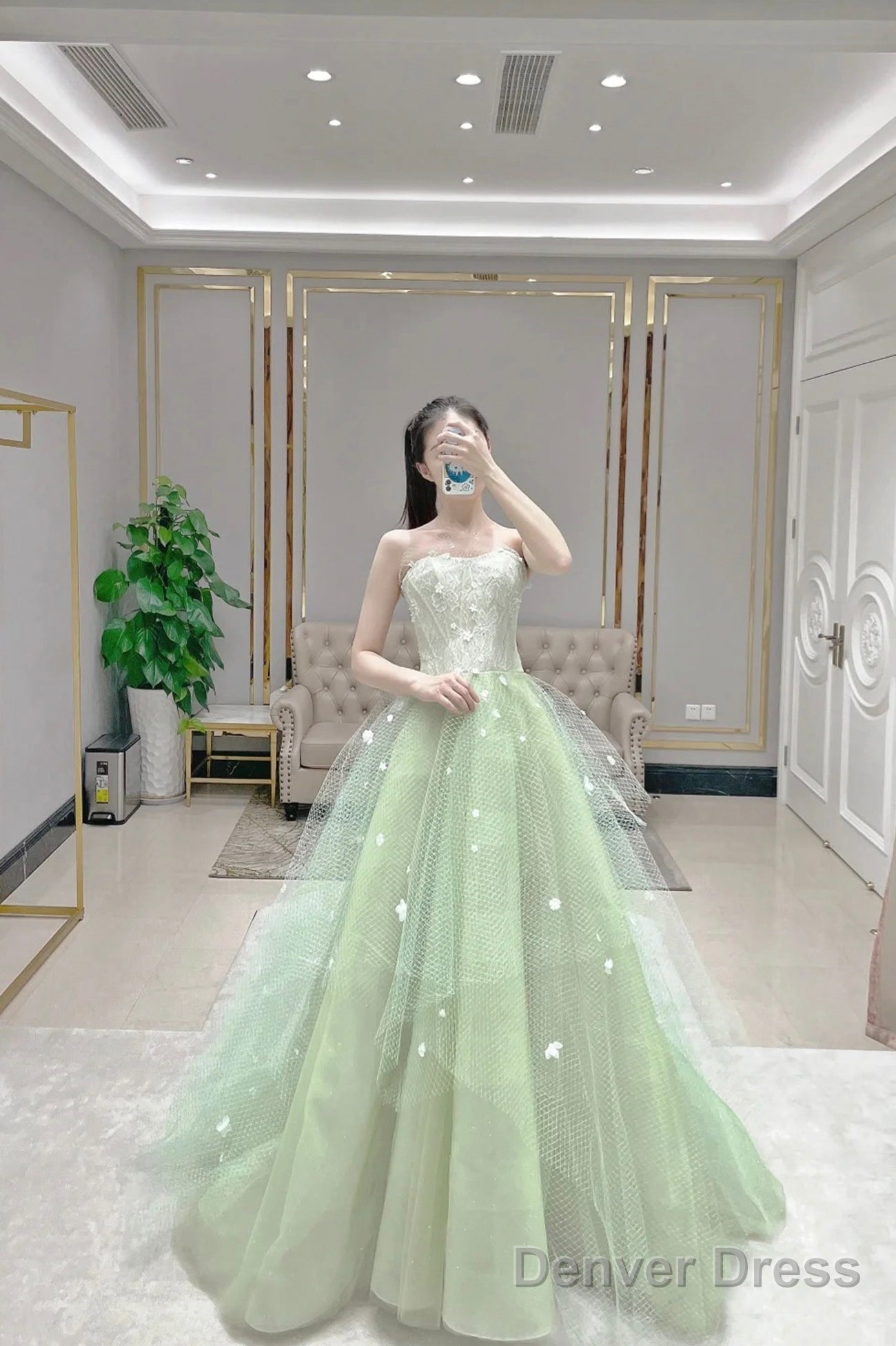 Green Tulle Long A-Line Prom Dress, Green Strapless Evening Graduation Dress Main image