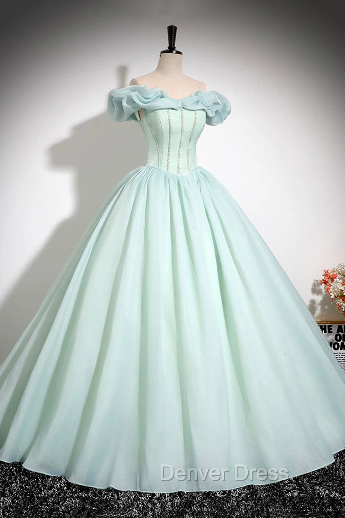 Green Tulle Long A-Line Prom Dresses, Lovely Off The Shoulder Evening Party Dresses Secondary image